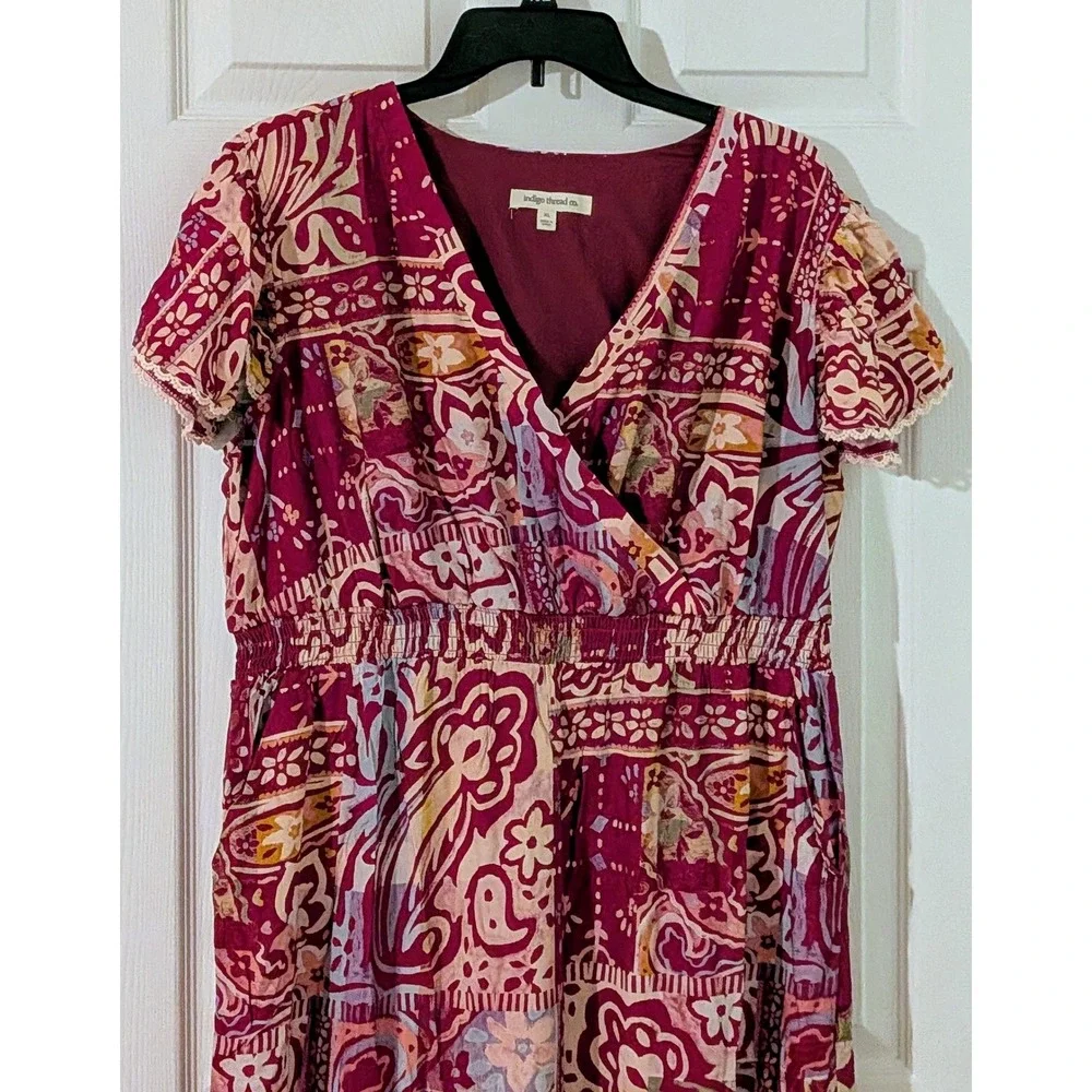 Indigo Thread Co Boho Maxi Dress Burgundy Paisley Print Flutter‎ Sleeve XL NWOT - Picture 6 of 9